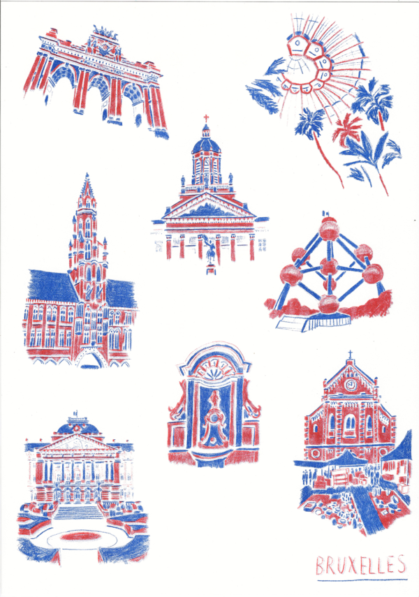 sophie_weidler_bauchez_illustration_affiche_bruxelles_monuments_grand_place_mannekenpis_A3_risographie