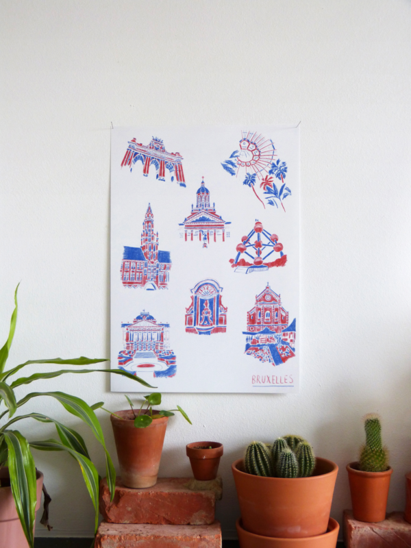 sophie_weidler_bauchez_illustration_affiche_bruxelles_monuments_grand_place_mannekenpis_A3_risographie